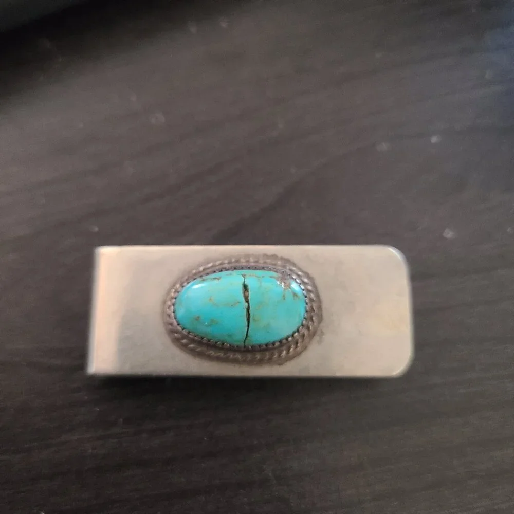 Turquoise Silver Tone Men's Money Clip